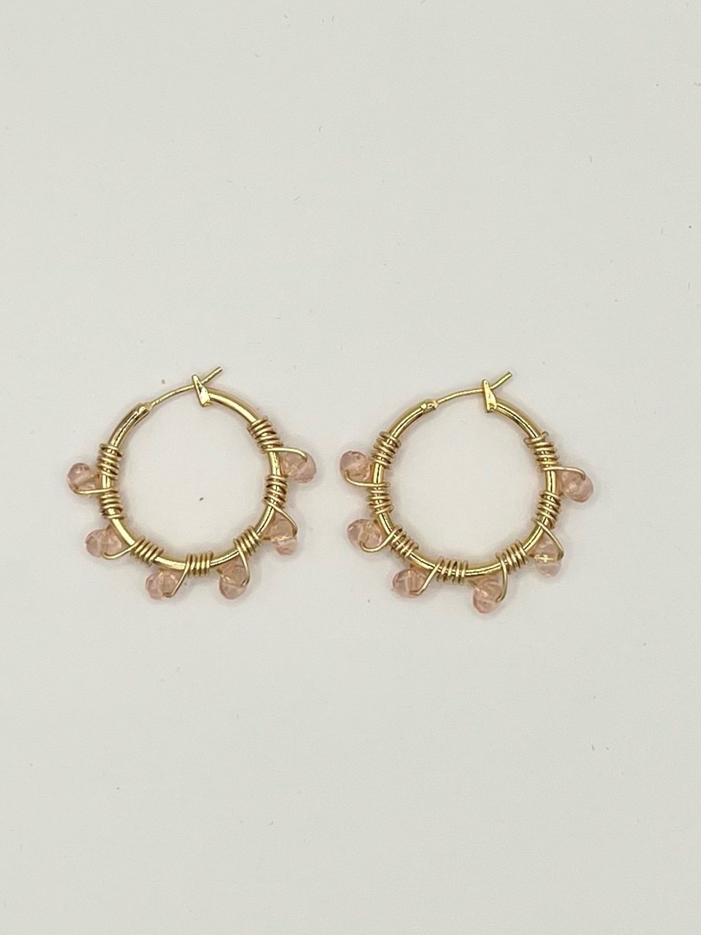 Hand-Wired Gold Hoop Earrings with Rose Pink Glass Beads